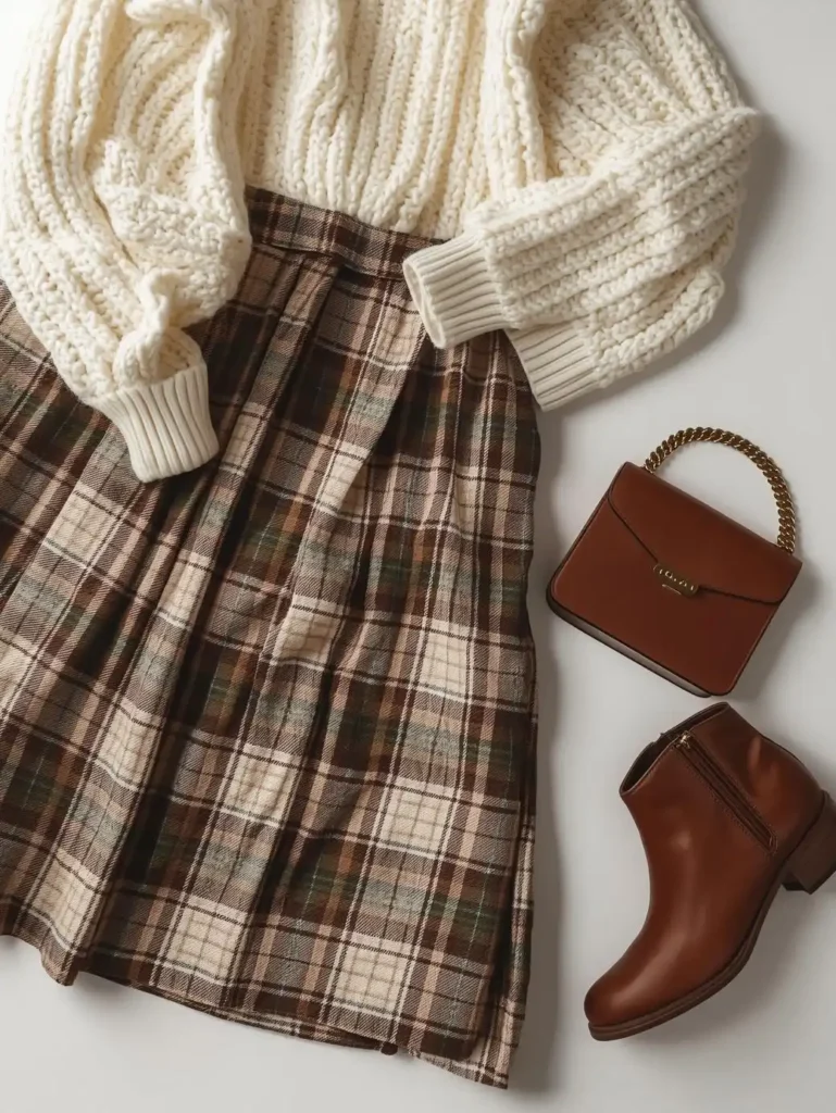Cream Knit Sweater Tucked Into a Plaid Midi Skirt