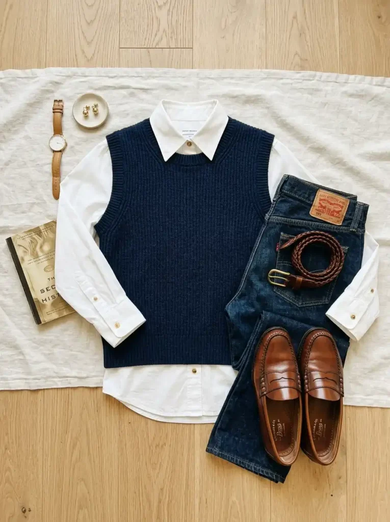 Crewneck Sweater Vest Over a Collared Shirt
