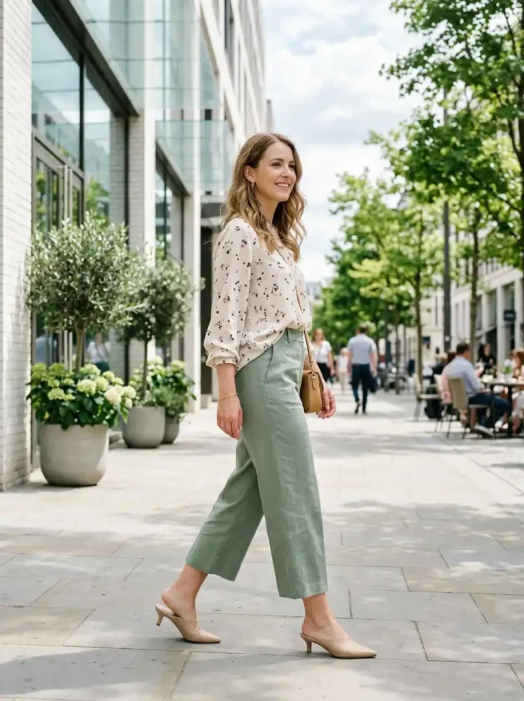 Cropped Trousers With Low-Heeled Mules and a Blouse
