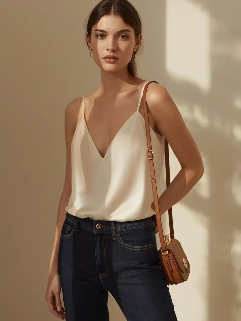 Dark Denim and a Tucked Silk-Look Camisole