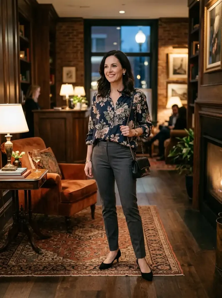 Dark Floral Print Blouse With Slim Trousers