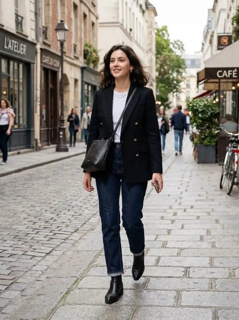 Dark Wash Jeans Styled Up With a Structured Blazer