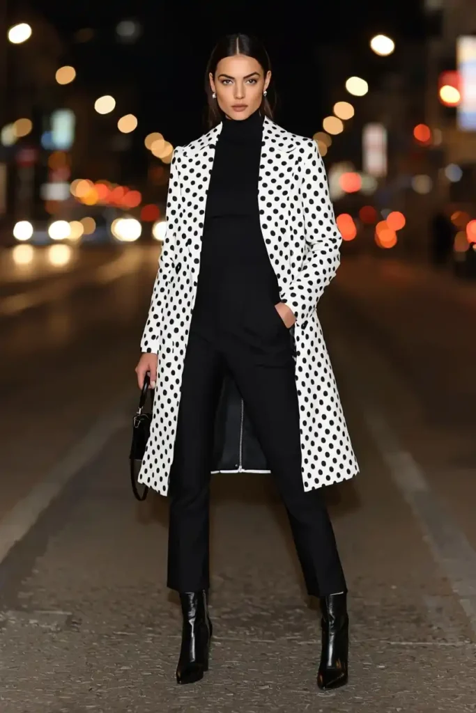 Date-Ready Polka Dot Coat Over a Sleek All-Black Look