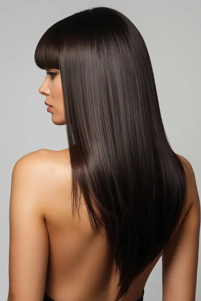 Deep Brunette V Cut with Effortless Bangs