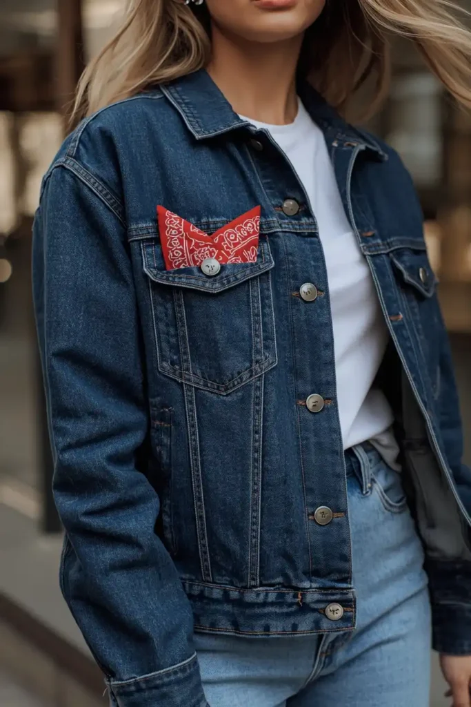 Denim Jacket With a Bandana Peeking Out of the Pocket