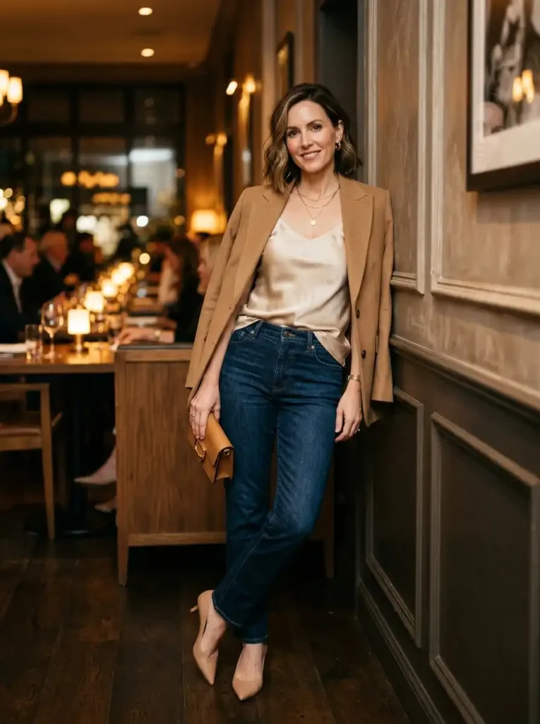 Elevated Dark Jeans With a Silk Camisole and Blazer