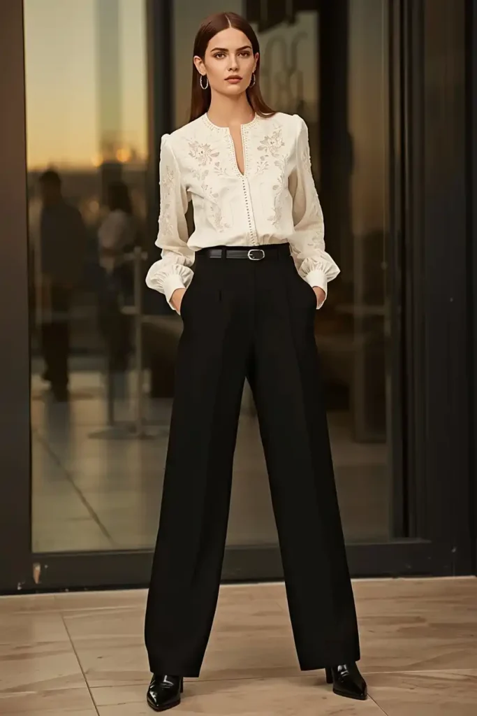 Embroidered Blouse and Tailored Trousers for a Smart Evening Start