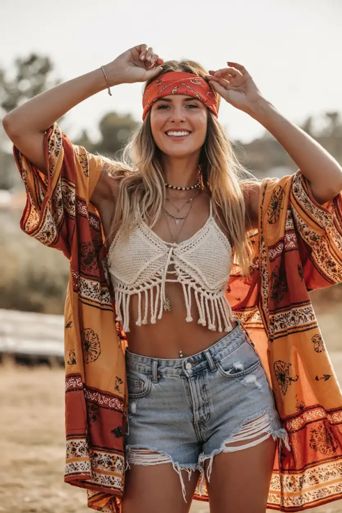 Festival-Ready Bandana Look With Crochet and Cut-Offs