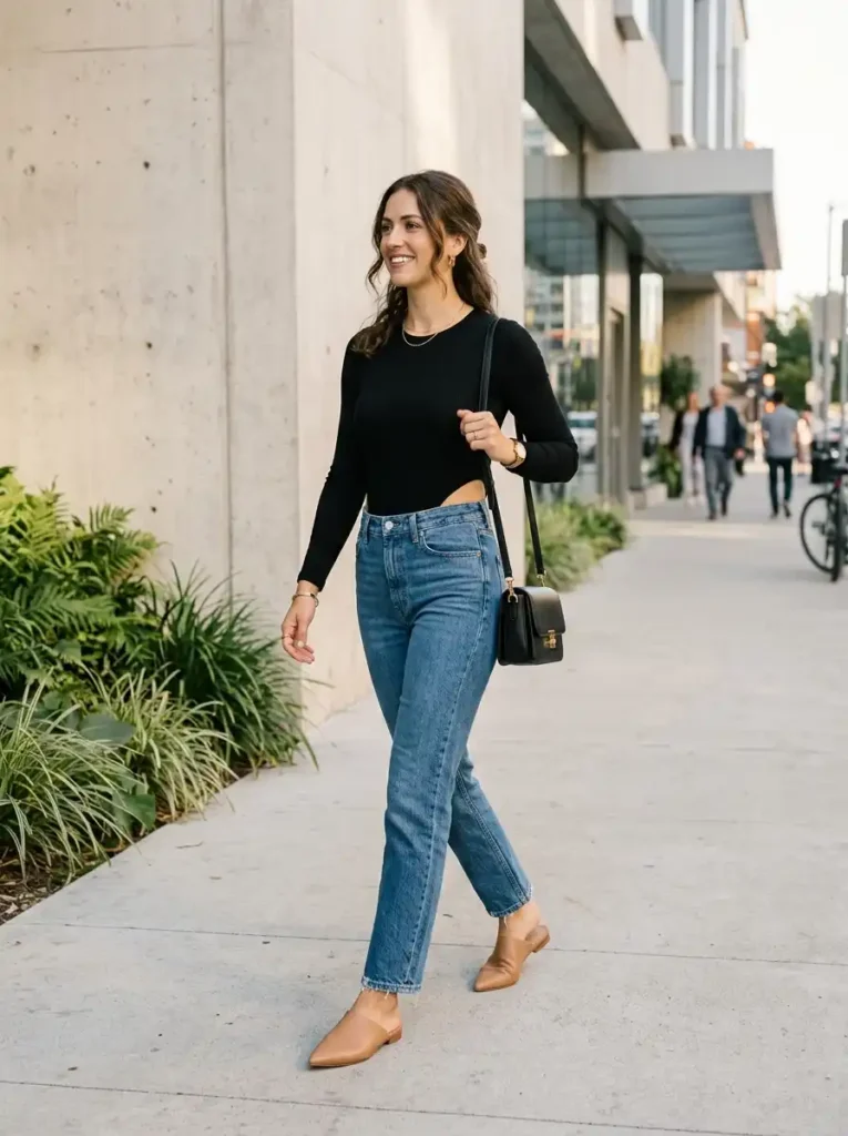 Fitted Black Bodysuit With Straight-Leg Jeans
