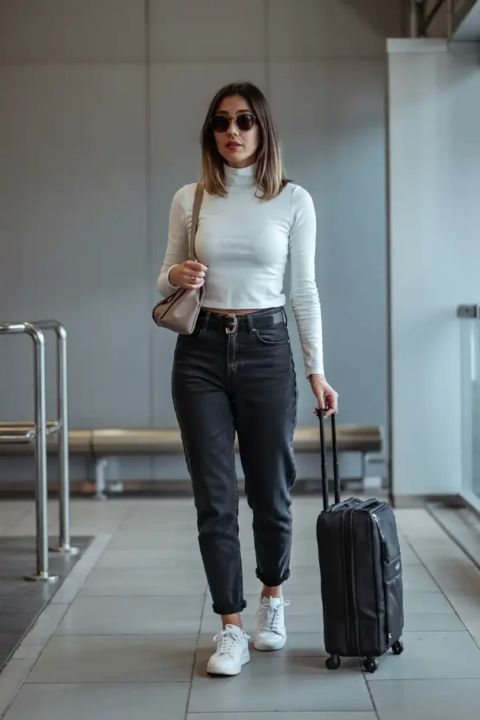 Fitted Ribbed Turtleneck with Tailored Straight-Leg Jeans
