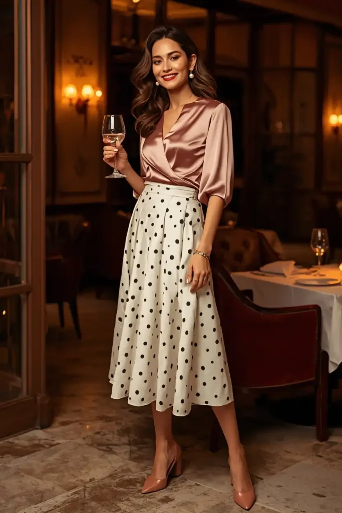 Flirty Polka Dot Skirt and Fitted Satin Blouse Combo