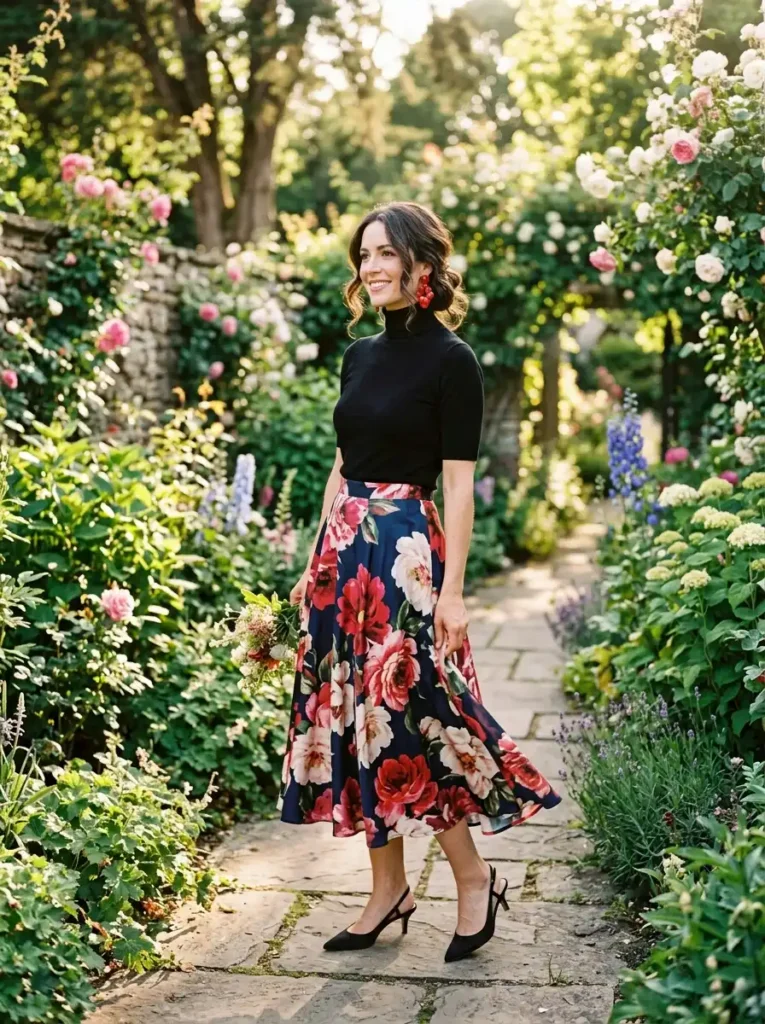 Floral Midi Skirt Paired With a Structured Top