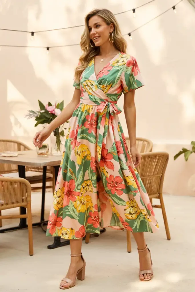 Floral Wrap Dress With Strappy Heels