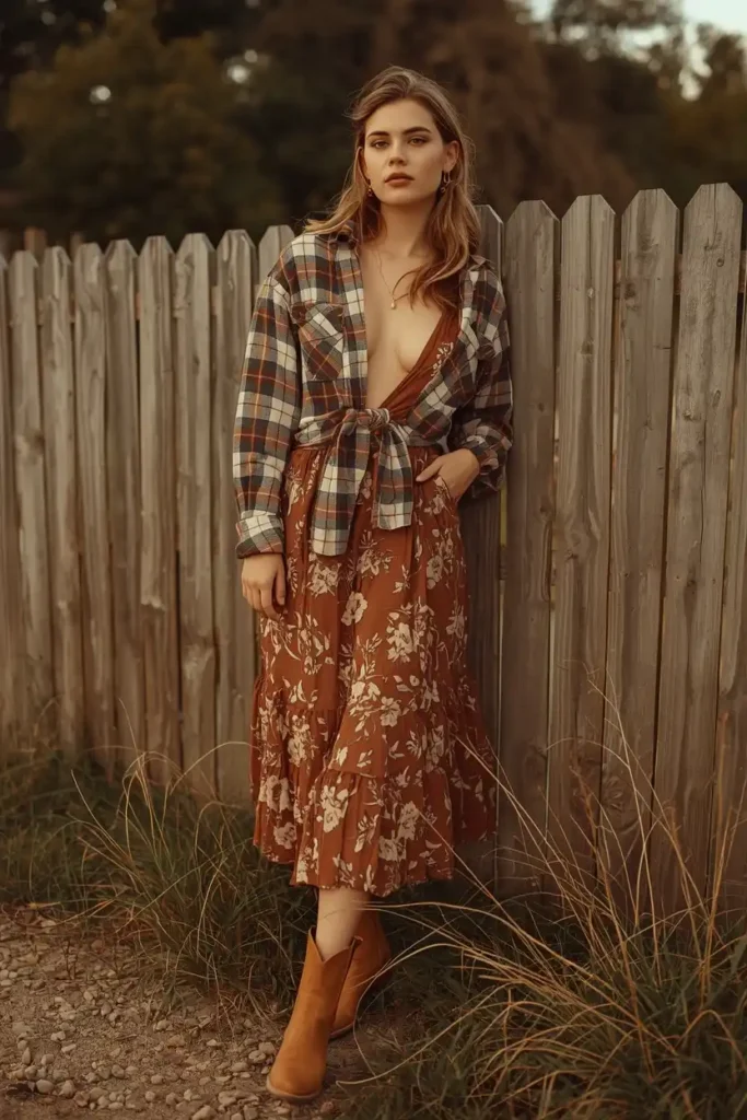 Flowy Midi Skirt With a Knotted Plaid Shirt