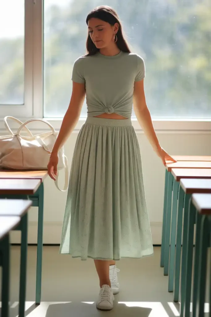 Flowy Midi Skirt With a Simple Fitted Tee