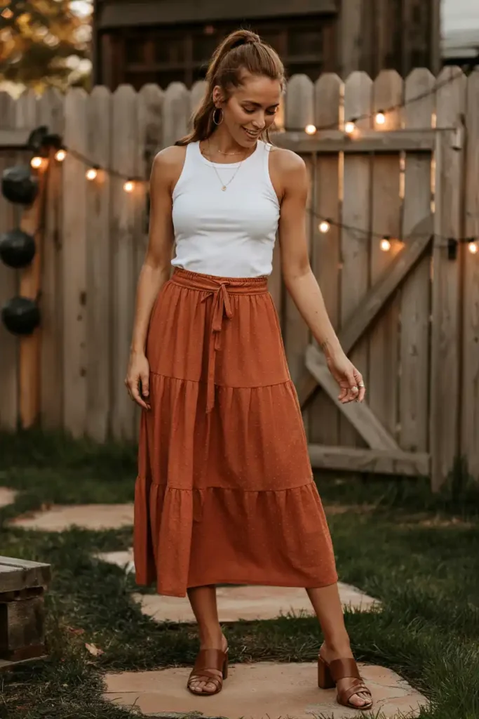 Flowy Tiered Midi Skirt With a Tucked-In Tank