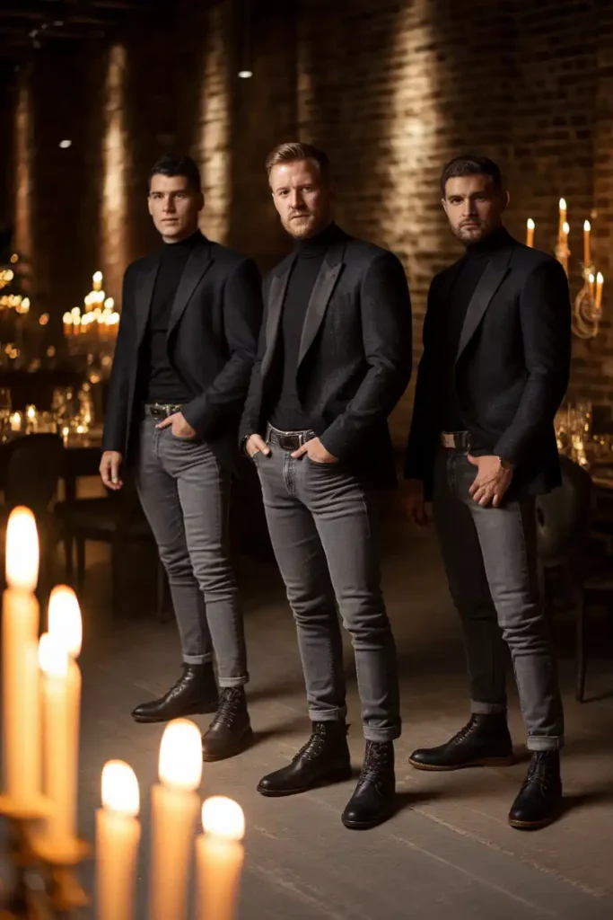 Grey Jeans with Black Matte Dress Boots