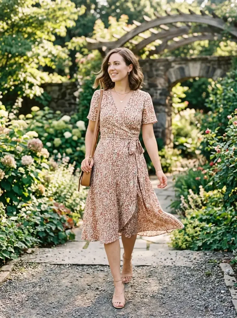 Knee-Length Wrap Dress in a Subtle Print