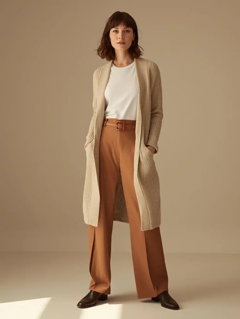 Longline Cardigan Belted Over Tailored Trousers