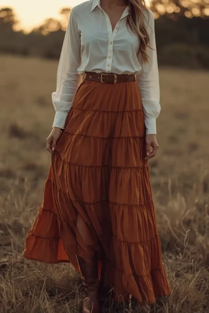Maxi Skirt and Tucked Shirt for a Festival Evening Look