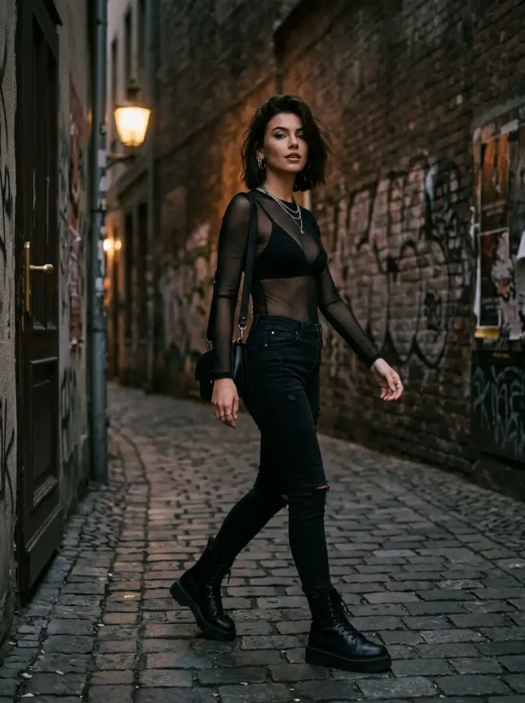 Mesh Long-Sleeve Bodysuit With Black Skinny Jeans