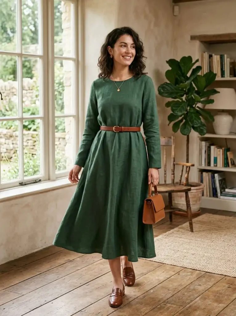Midi Dress in a Solid Color With a Leather Belt