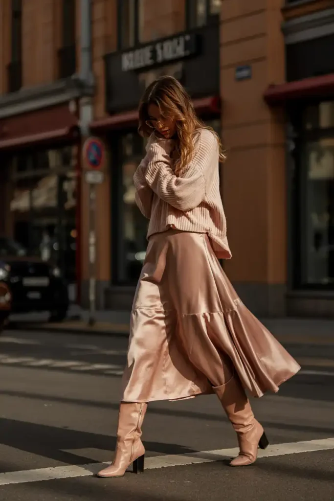 Midi Skirt with Chunky Knit Sweater and Knee-High Boots