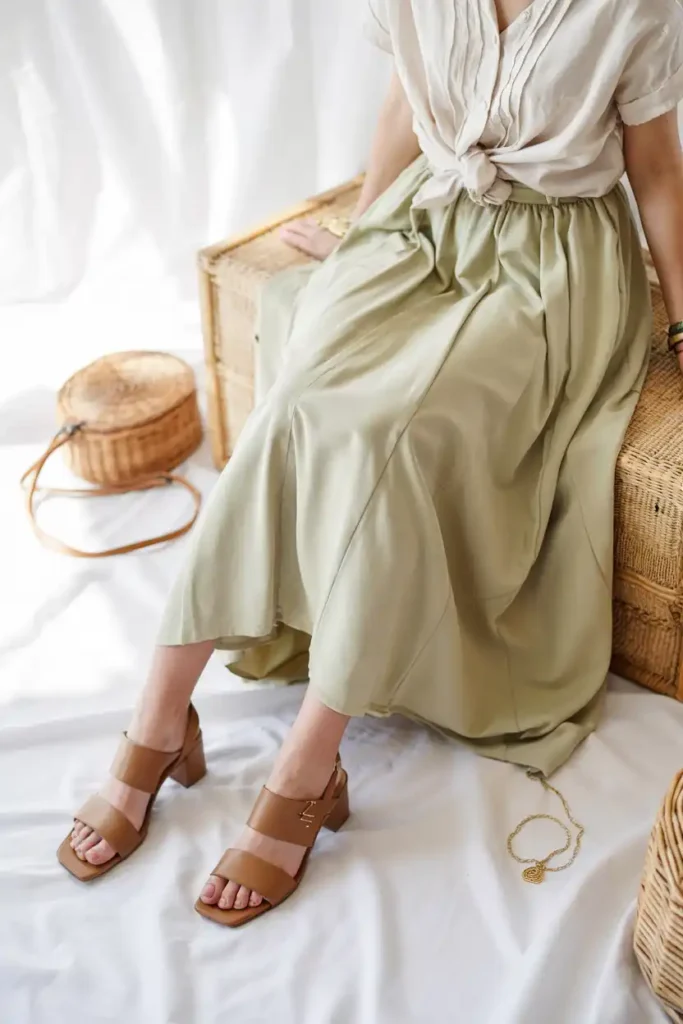 Midi Skirt with a Tucked-In Blouse