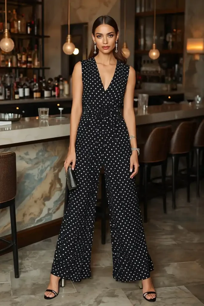 Monochrome Black Polka Dot Jumpsuit With a Cinched Waist
