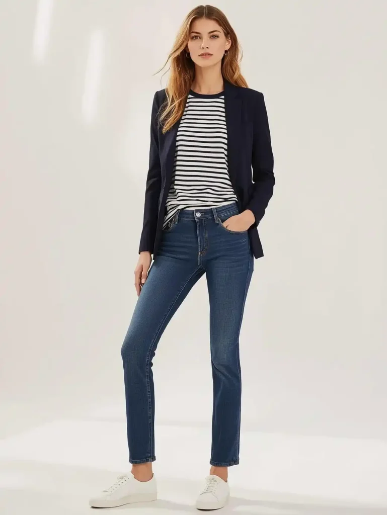 Navy Blazer Over a Striped Crew Neck Tee