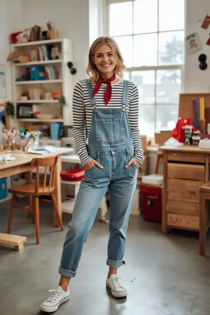 Overalls and a Striped Tee