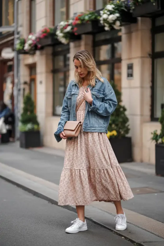 Oversized Denim Jacket with a Floral Midi Dress