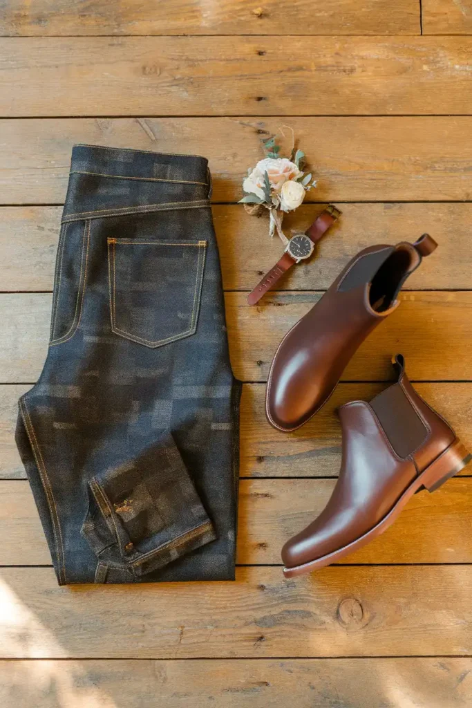 Patterned Jeans with Solid Leather Boots