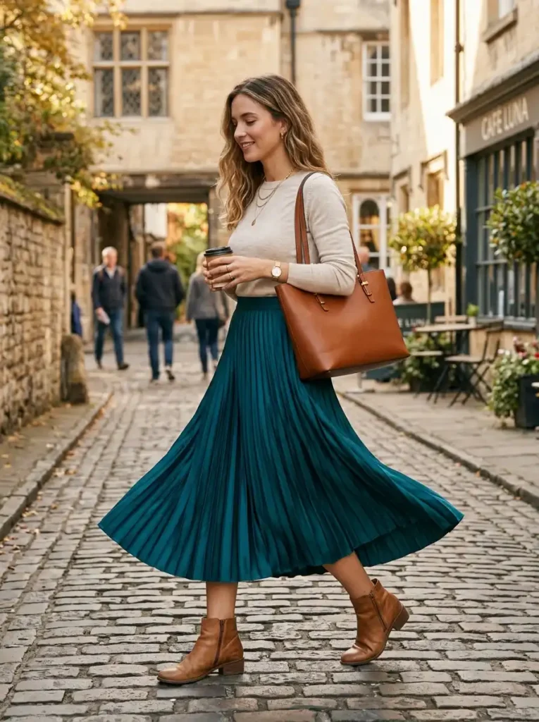 Pleated Midi Skirt With a Simple Knit Top