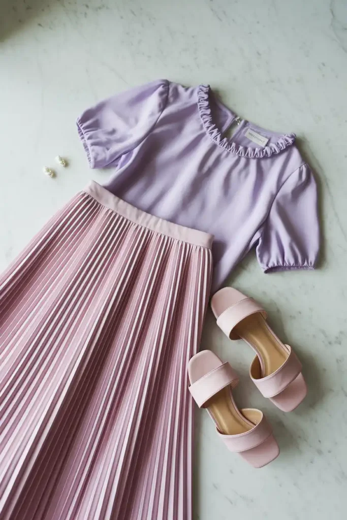 Pleated Midi Skirt and a Soft Pastel Blouse