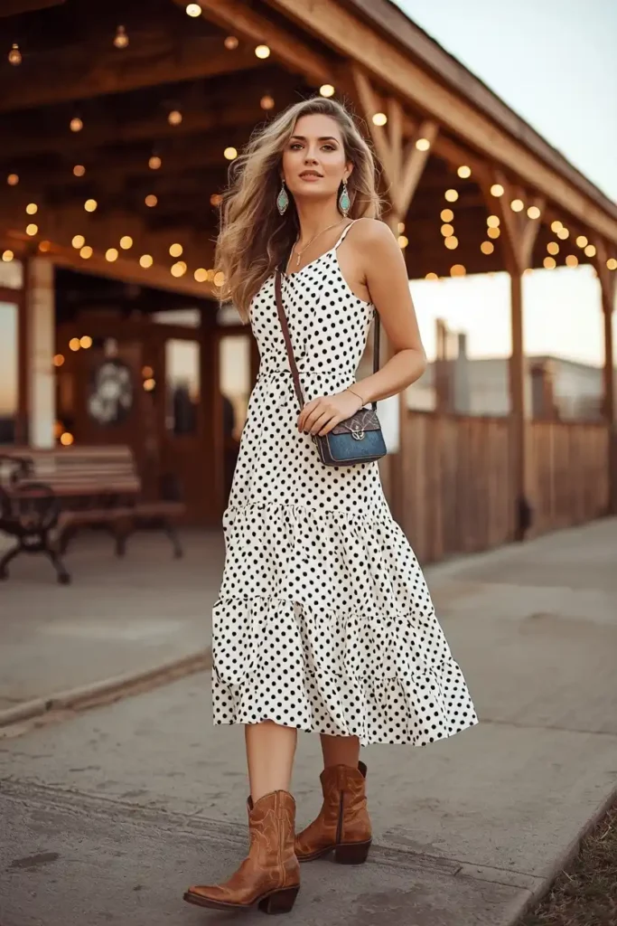 Polka Dot Ruffle Hem Dress With Cowboy Boots