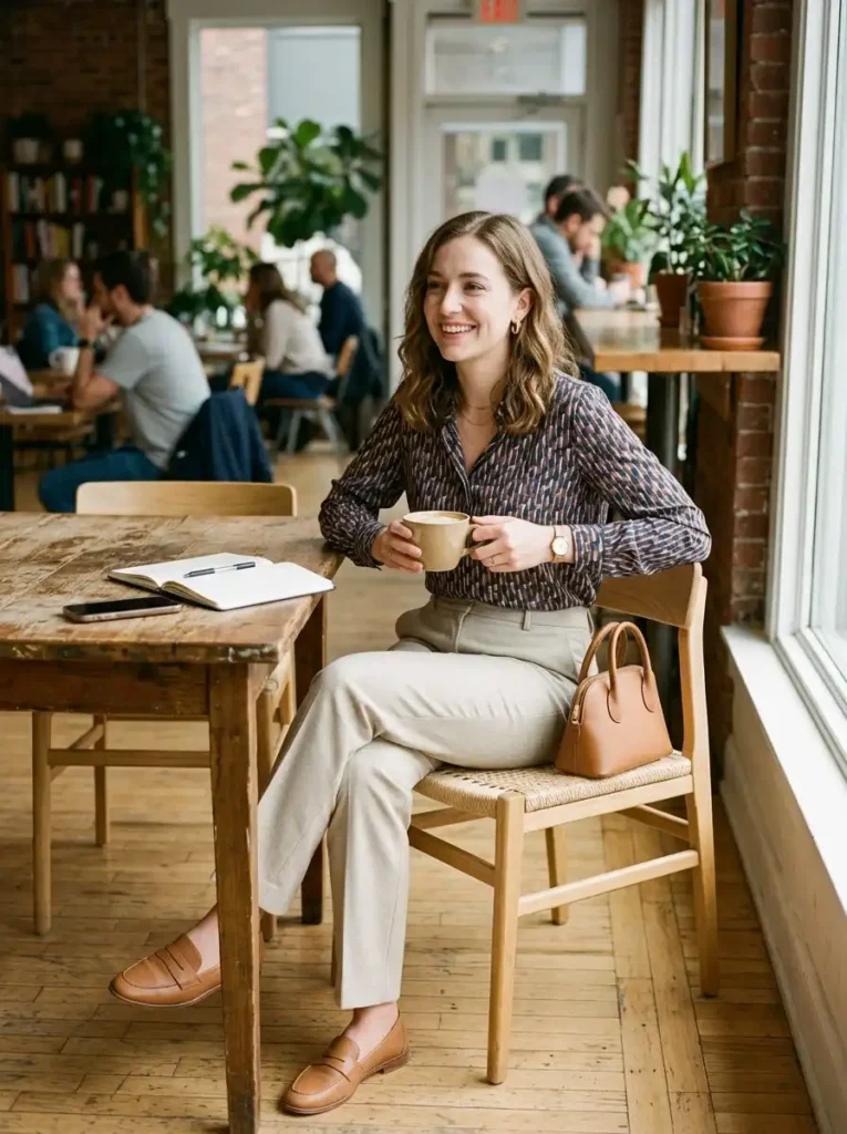 Printed Blouse and Neutral Trouser Combination