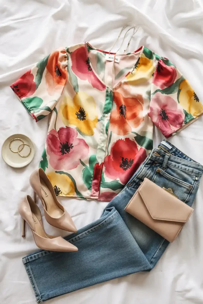 Printed Blouse with Simple Straight-Leg Jeans