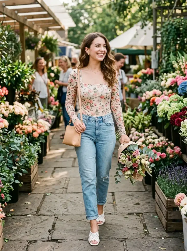 Printed Floral Bodysuit With Light Wash Straight Jeans