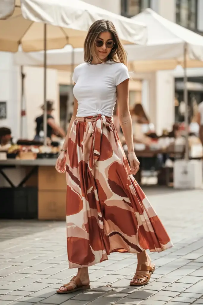 Printed Maxi Skirt with a Simple White Tee
