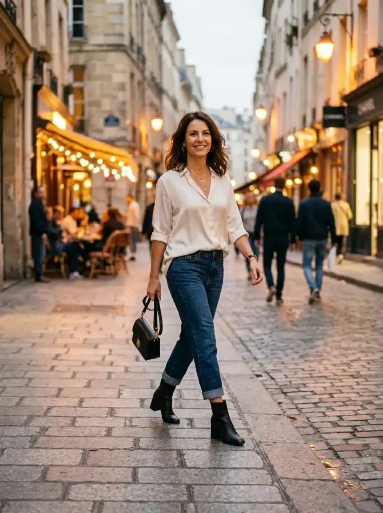 Relaxed Boyfriend Jeans With Block Heels and a Silk Blouse