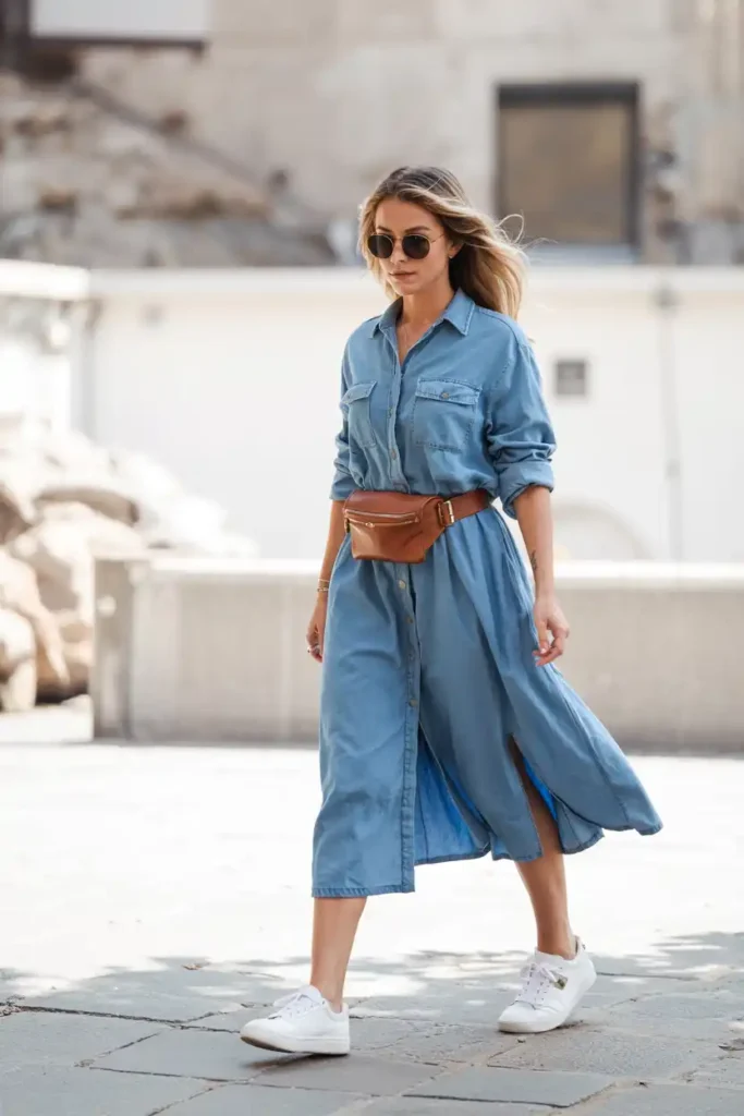 Relaxed Button-Down Shirt Dress with White Sneakers