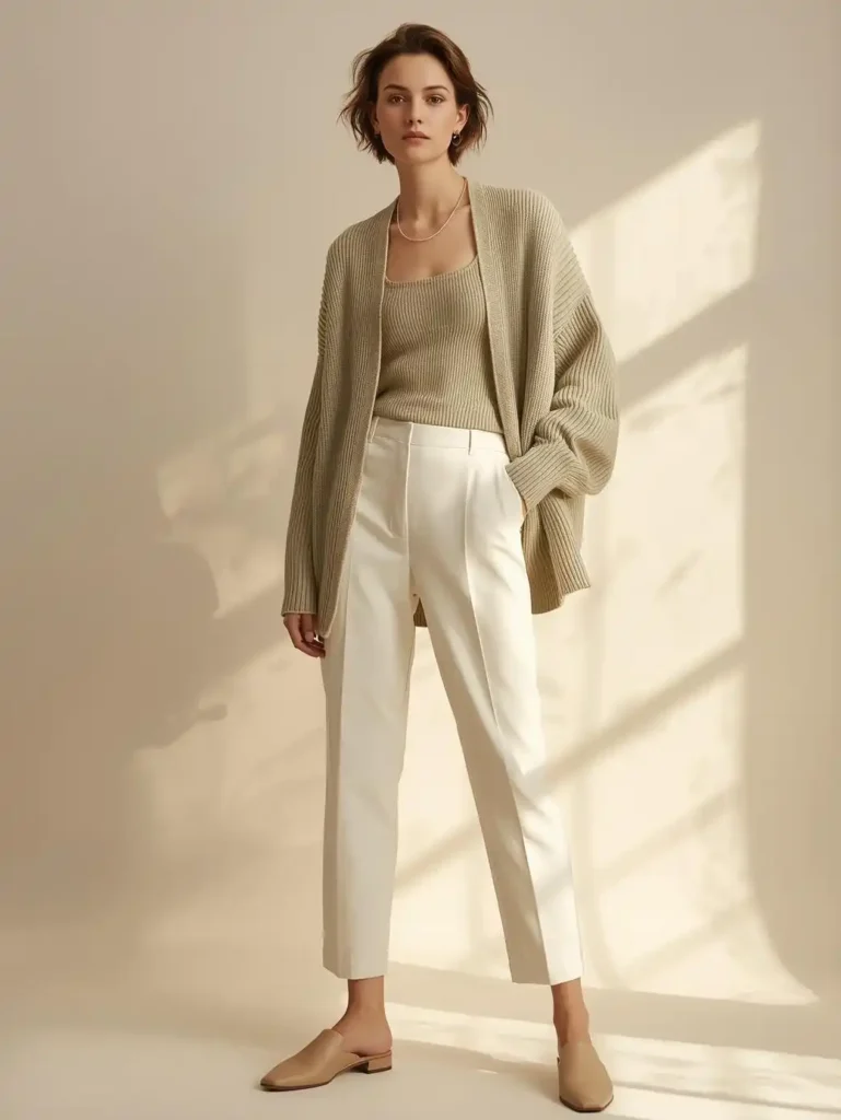 Ribbed Cardigan Set in a Soft Neutral Tone