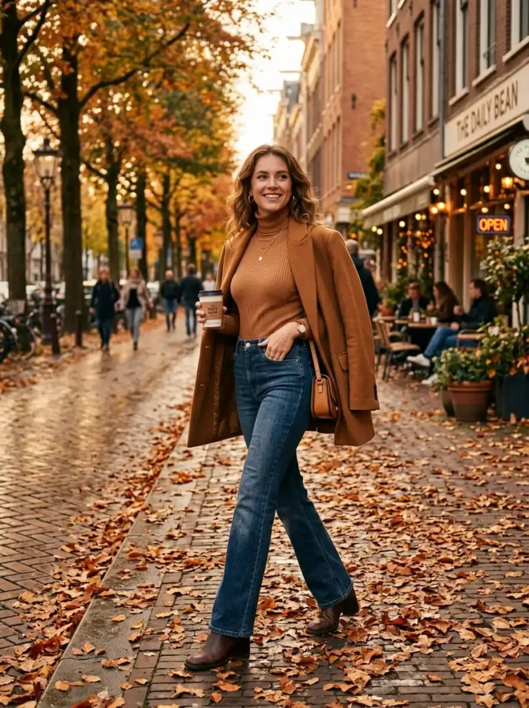 Ribbed Turtleneck Bodysuit With Flared Denim