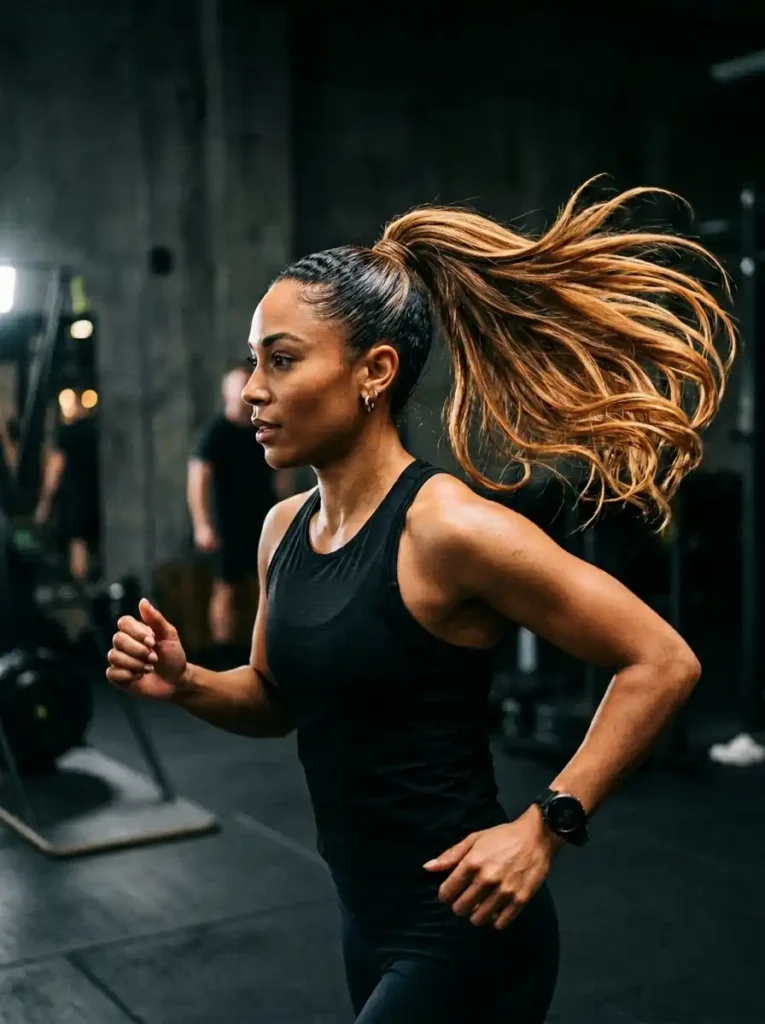 vRich Caramel Highlights Styled in a Sleek High Ponytail