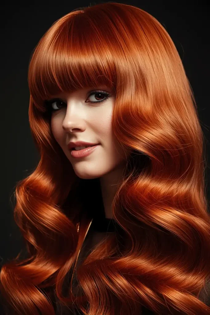 Rich Copper Waves with Heavy Curtain Bangs