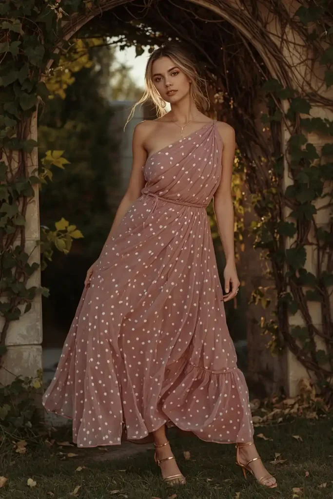 Romantic Polka Dot Maxi With a Draped One-Shoulder Neckline