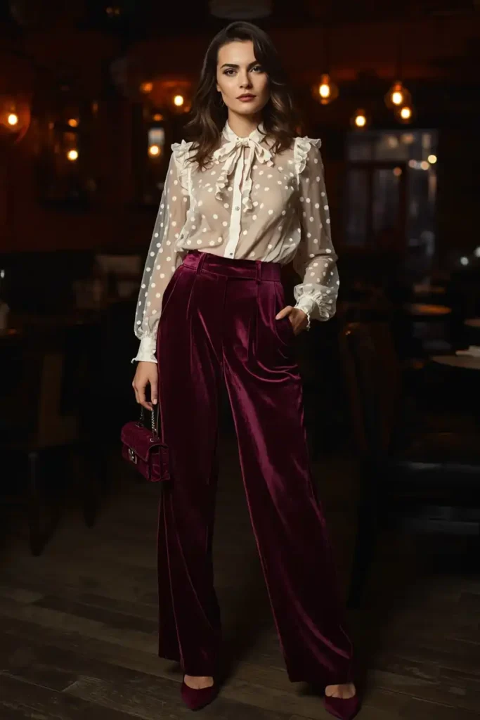 Sheer Polka Dot Blouse With Wide-Leg Velvet Trousers