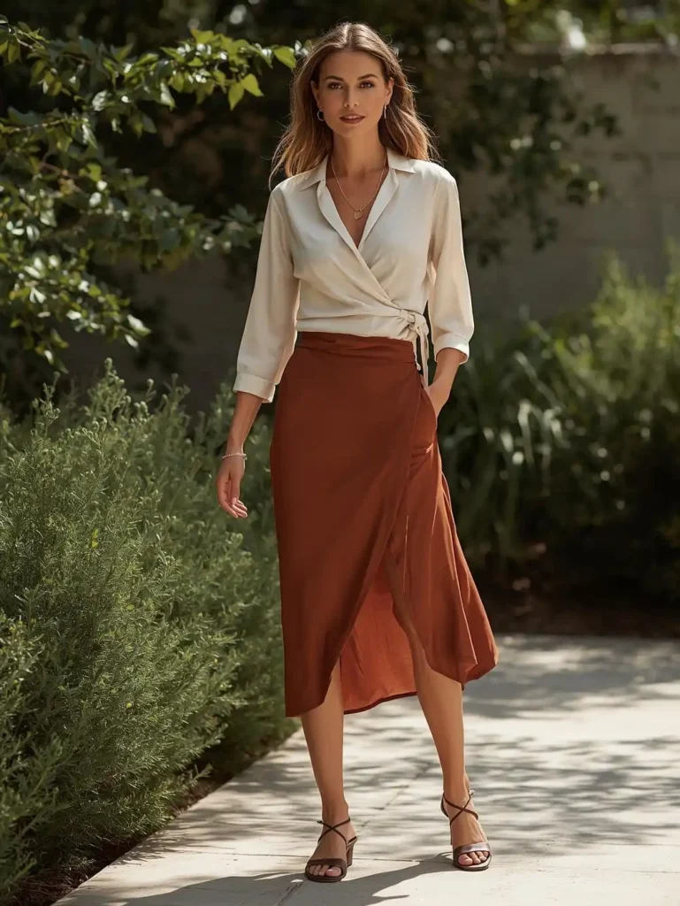 Silk-Look Blouse Tucked Into a Midi Wrap Skirt