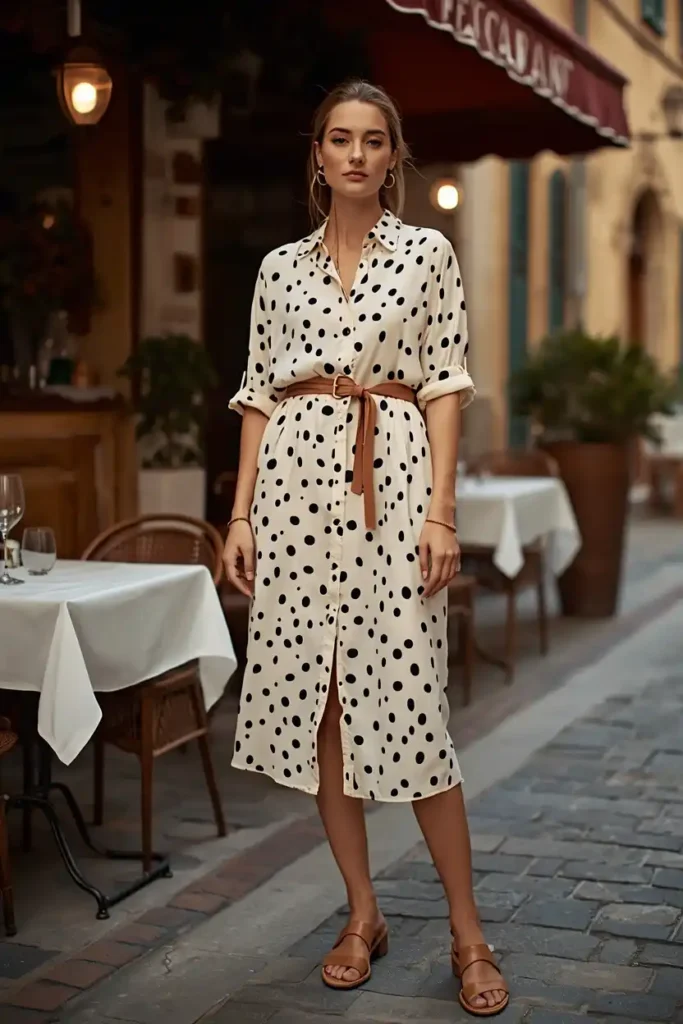 Silk-Look Polka Dot Shirt Dress Belted at the Waist